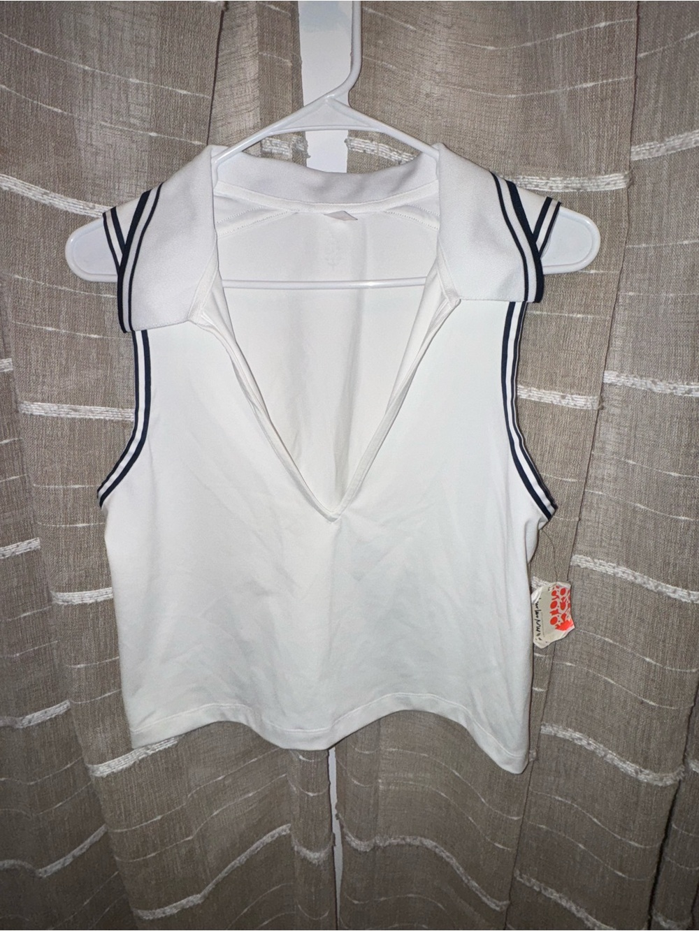 FP Movement by Free People White Sleeveless Polo V-Neck Tank with Navy Trim